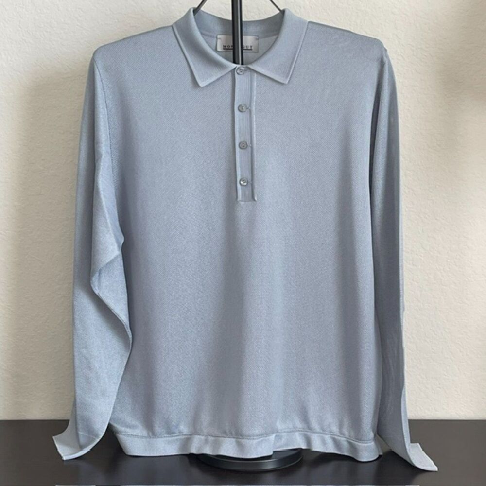 VTG Montagut Paris Fil Lumiere Knit Long Sleeve Polo Shirt Silver Gray Size 5 L - Picture 1 of 8